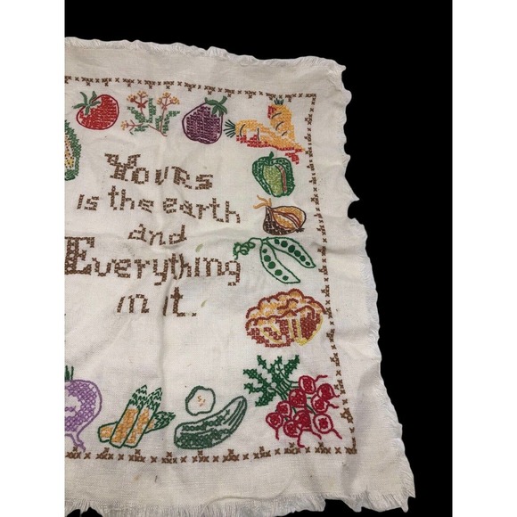 VTG Cross Stitch Sampler Motto Completed Fruits & Vegetables Yours is the Earth - Picture 2 of 8